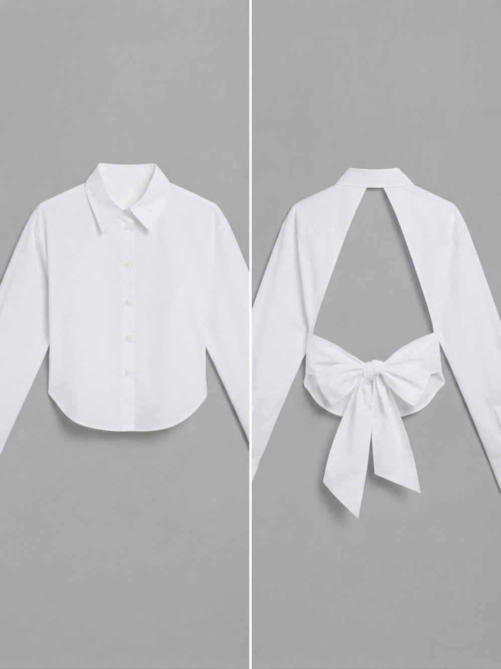 White Open-Back Bow Tie Long-Sleeve Shirt